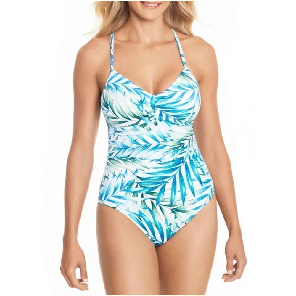 Time and Tru Women's Flower Frenzy One Piece Swimsuit Tropical Leaf Pattern Whit